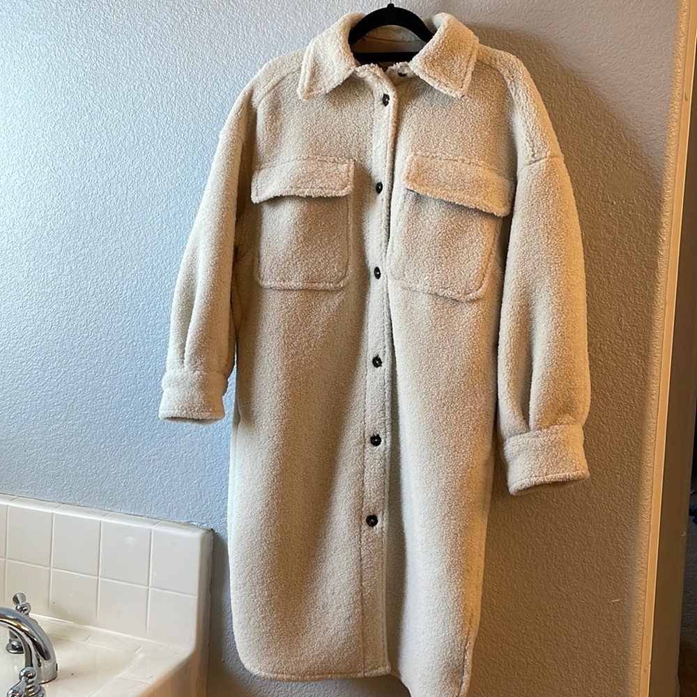 Faux shearling long shirt jacket